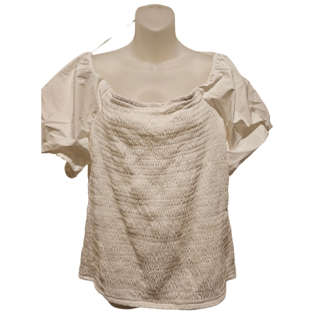 INC Women's Washed White Smocked Puff-Sleeve Off-The-Shoulder Top, Sz XL